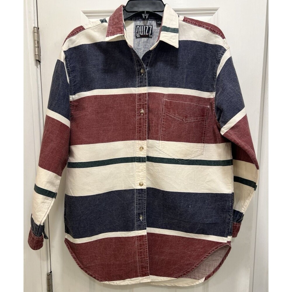 Quizz NY VTG Women's Denim Med Long Sleeve Buttoned-Up Shirt Navy Blue Red White - Picture 8 of 8